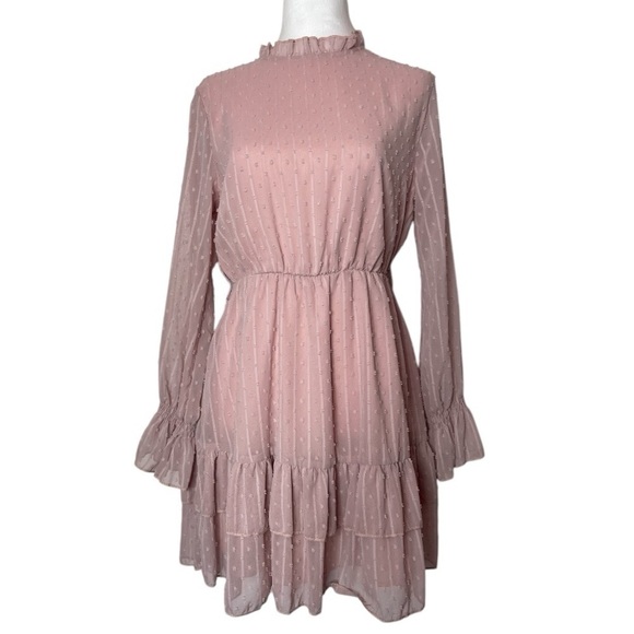 Swiss Dot Frill Neck Flounce Sleeve Ruffle Hem Mini Spring Dress Pastel Pink Sm - Picture 3 of 12